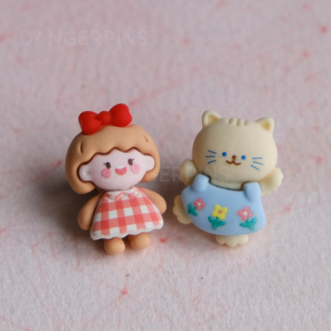 A Girl and Her Cat resin pin set