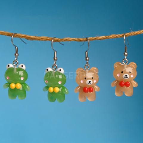 Glow in the dark Frogs and bears earrings