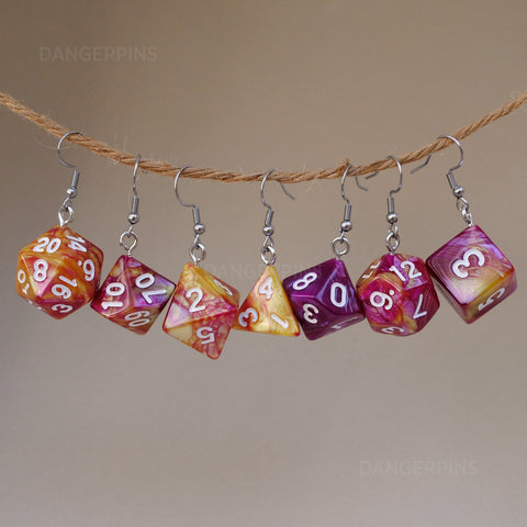 Rasberry Mango Swirl swirl RPG dice earrings