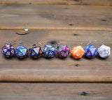 20 Sided two color pearl swirl dice earrings 20mm