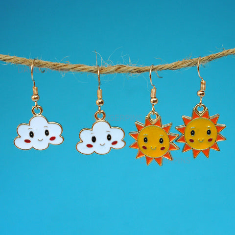 2 pairs of happy sun & clouds enamel earrings