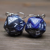 20 Sided two color pearl swirl dice earrings 20mm