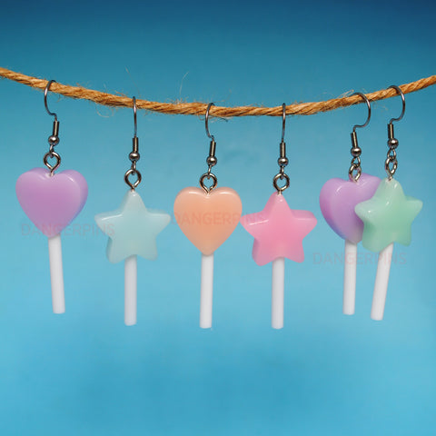 Pastel hearts or stars candy lollipop earrings