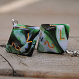 Green Black & White Swirl swirl RPG dice earrings