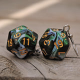 Green Black & White Swirl swirl RPG dice earrings