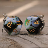 Green Black & White Swirl swirl RPG dice earrings