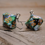 Green Black & White Swirl swirl RPG dice earrings