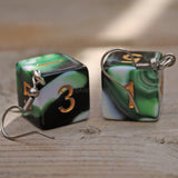 Green Black & White Swirl swirl RPG dice earrings