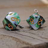 Green Black & White Swirl swirl RPG dice earrings