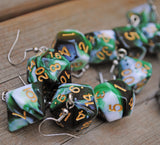 Green Black & White Swirl swirl RPG dice earrings