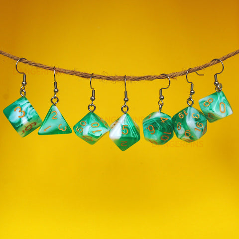 Emerald Cream swirl RPG dice earrings