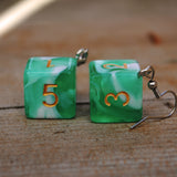 Emerald Cream swirl RPG dice earrings