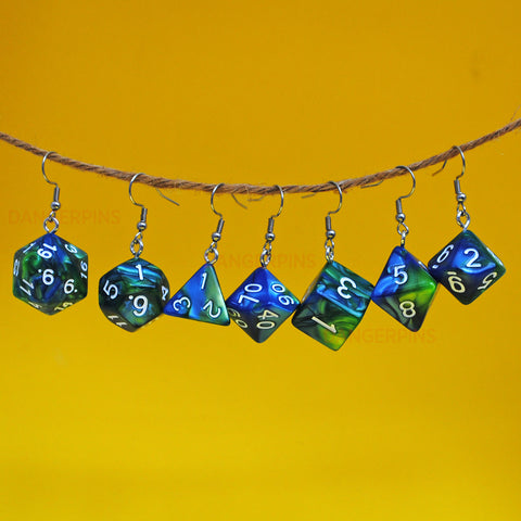 Green & Blue Swirl swirl RPG dice earrings