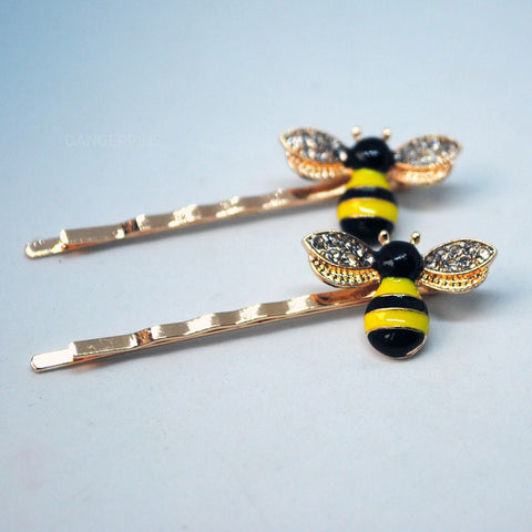 Set of 2 small Bees hair clips with crystal wings - Gold color