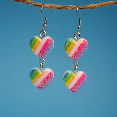 Double sparkle heart rainbow stripes earrings