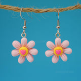 Small Pink love heart Daisy flowers earrings