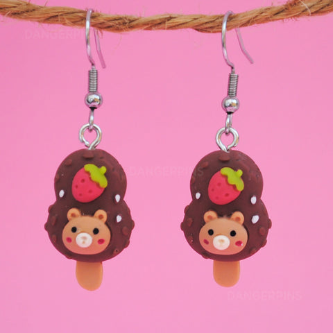 Bear strawberry Chocolate crunch popsicle earrings